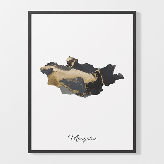 Mongolia Black and Gold Marble Country Map Silhouette Minimalist Poster