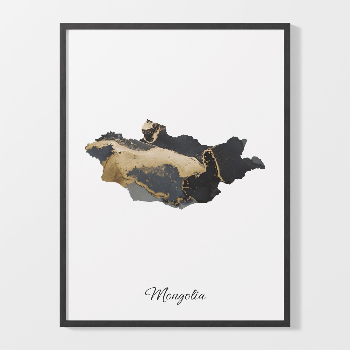 Mongolia Black and Gold Marble Country Map Silhouette Minimalist Poster