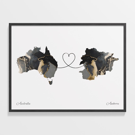 Australia and Andorra Black Marble Heart Connection Map Poster