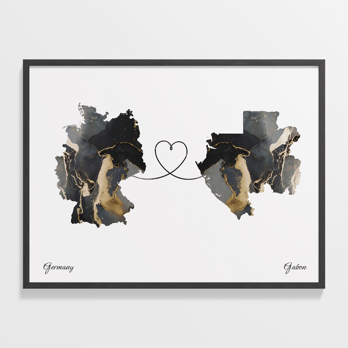 Germany and Gabon Heart Connection Black and Gold Marble Poster