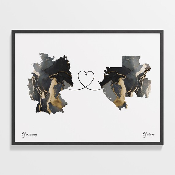 Germany and Gabon Heart Connection Black and Gold Marble Poster