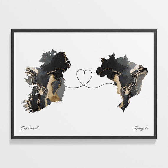 Ireland and Brazil Black Gold Marble Heart Connection Map Poster