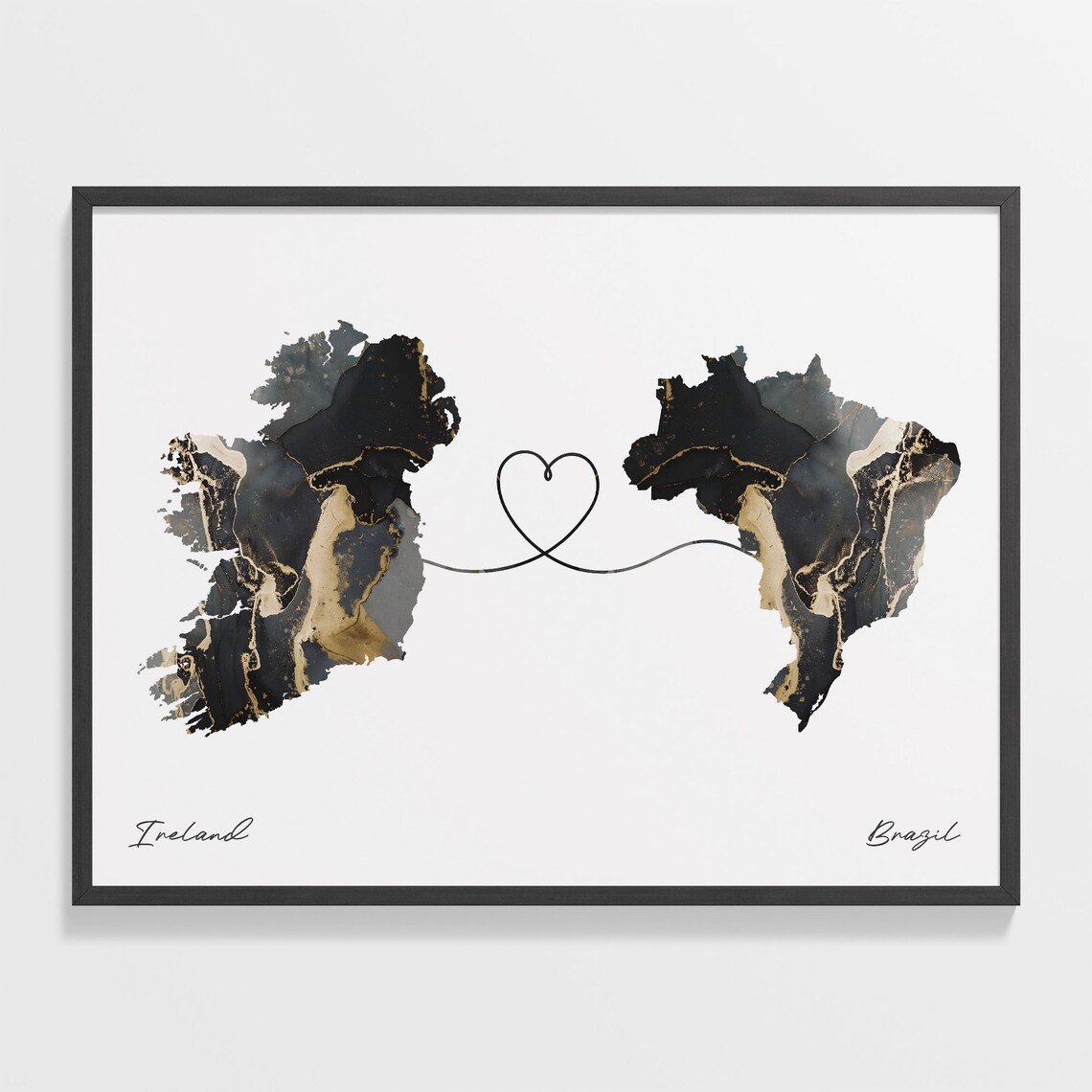Ireland and Brazil Black Gold Marble Heart Connection Map Poster