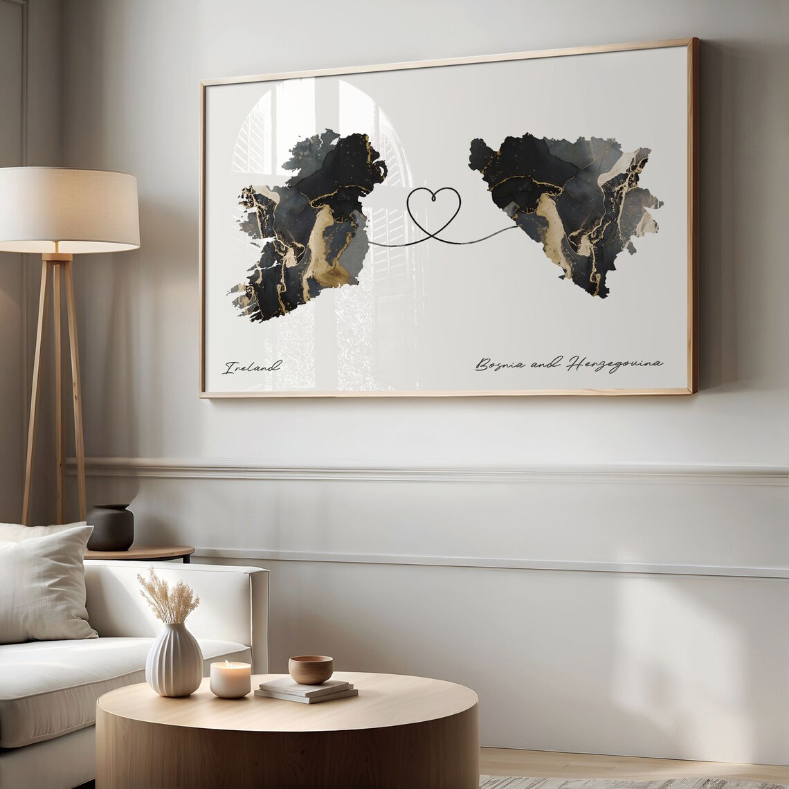 Ireland and Bosnia and Herzegovina Black Gold Marble Heart Connection Map Poster - Image 2