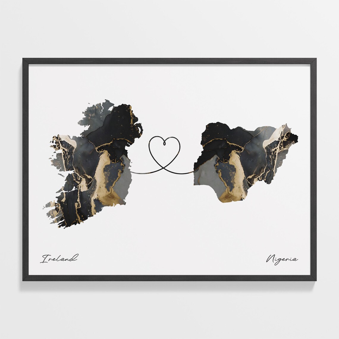 Ireland and Nigeria Black and Gold Marble Heart Map Connection Poster