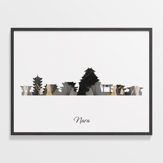 Nara Japan Black Gold Marble Skyline Silhouette Cityscape Poster