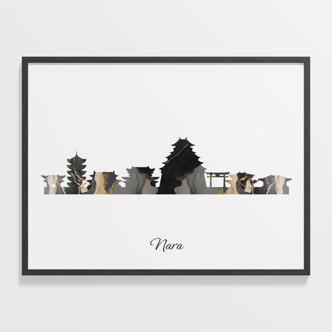 Nara Japan Black Gold Marble Skyline Silhouette Cityscape Poster