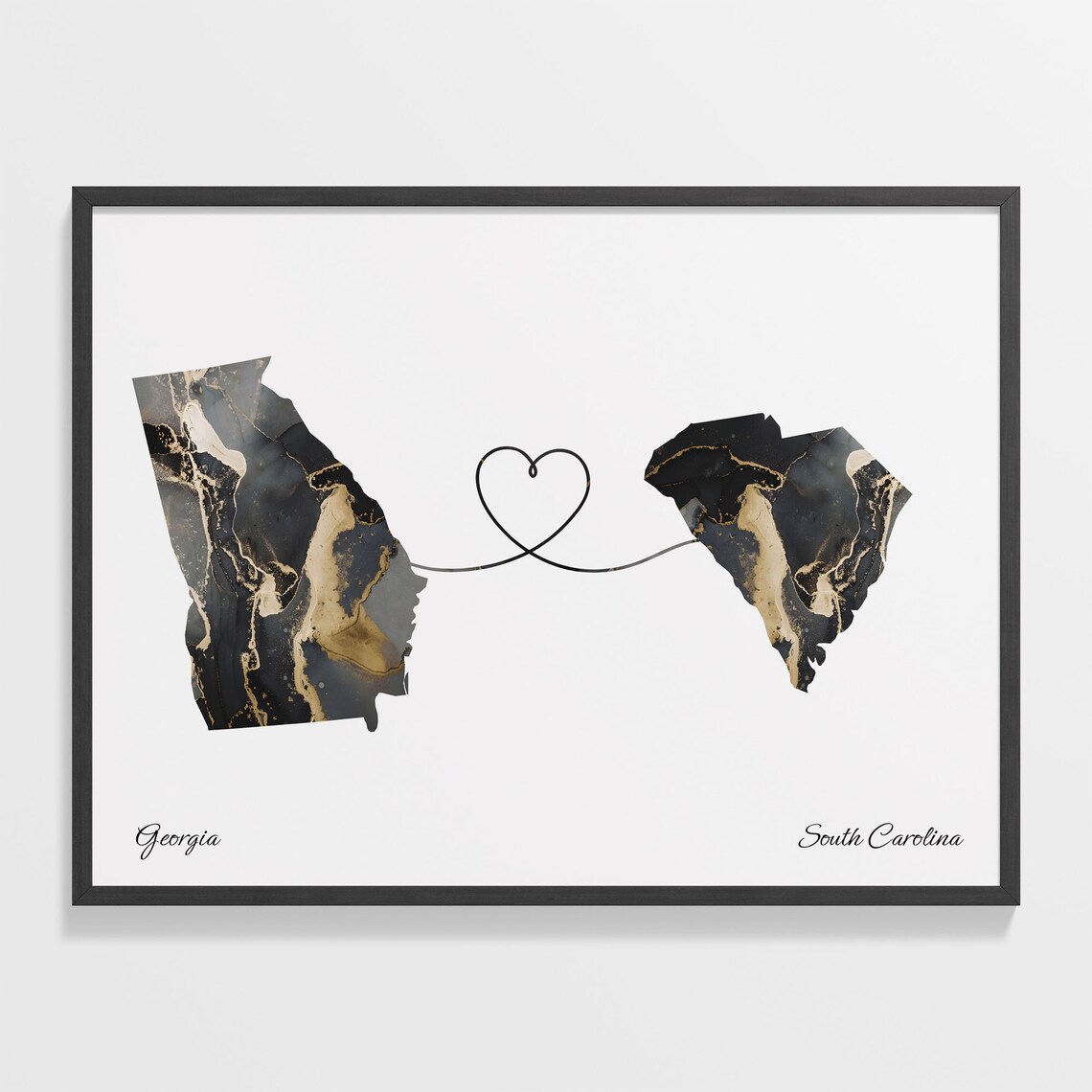 Georgia South Carolina Long Distance Love Black Gold Marble Map Poster