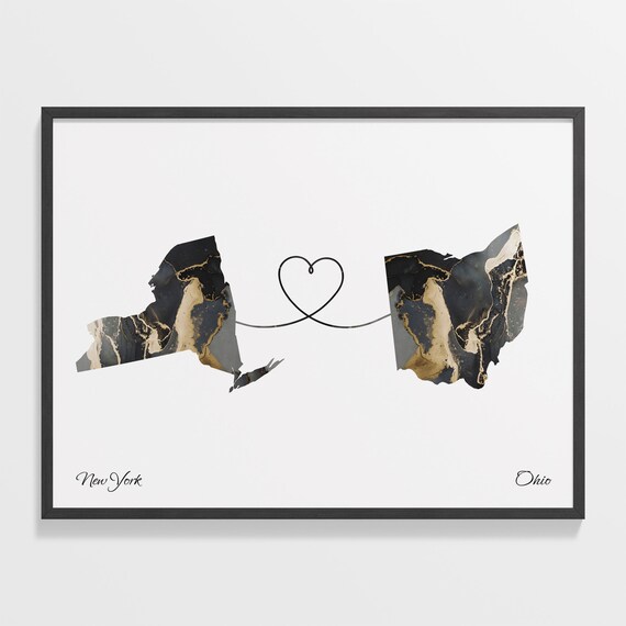 New York To Ohio Heart Linked Marble Map Love Connection Poster