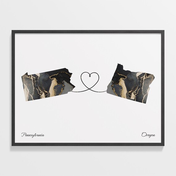 Pennsylvania to Oregon Black Gold Marble Map Heart Connection Poster