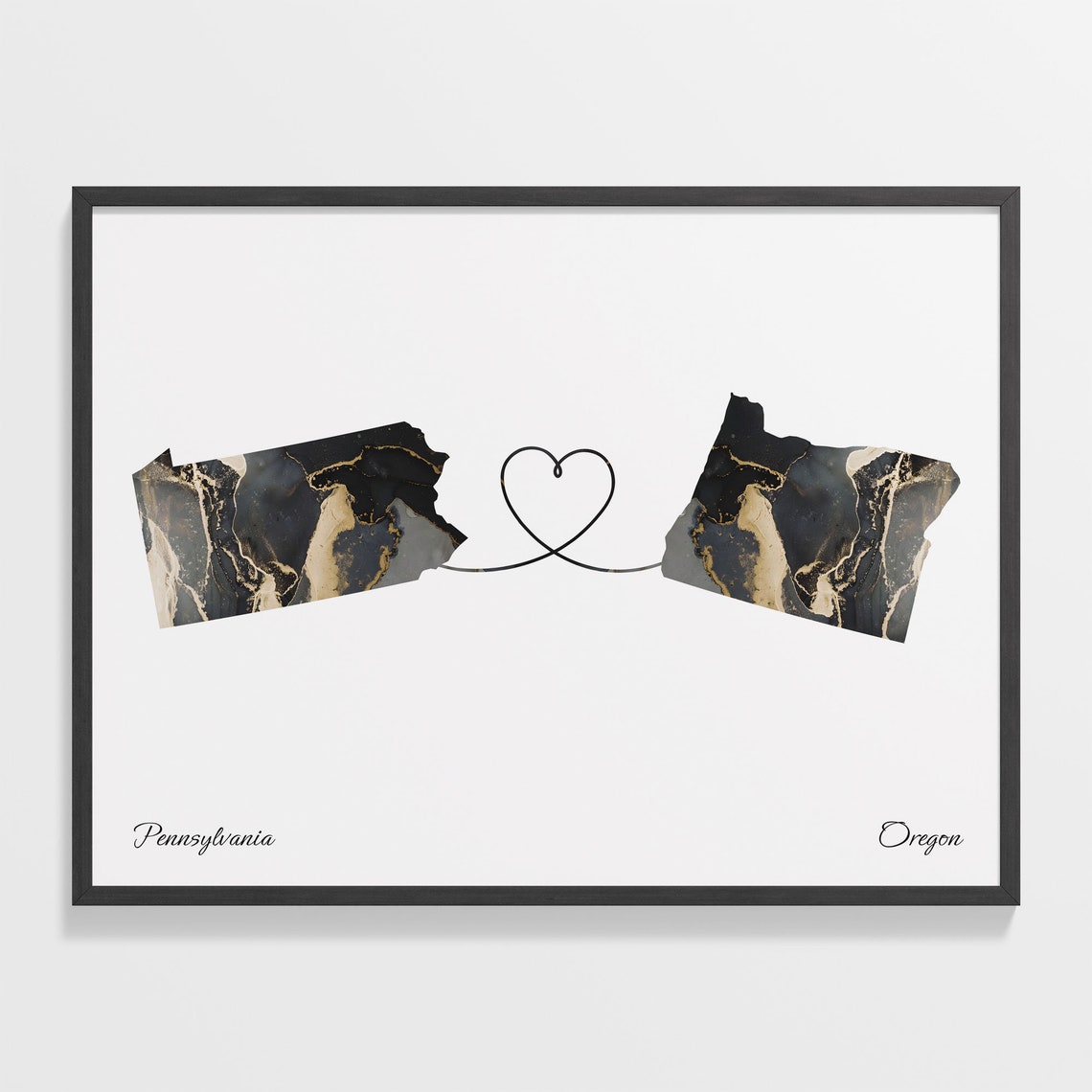 Pennsylvania to Oregon Black Gold Marble Map Heart Connection Poster