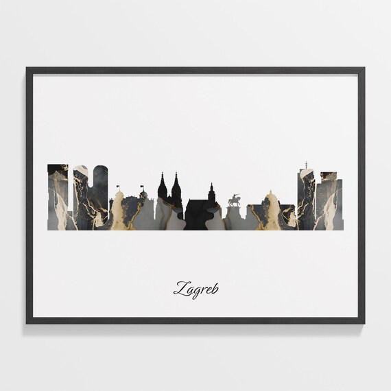 Zagreb Croatia Black and Gold Marble Skyline Silhouette Art Poster