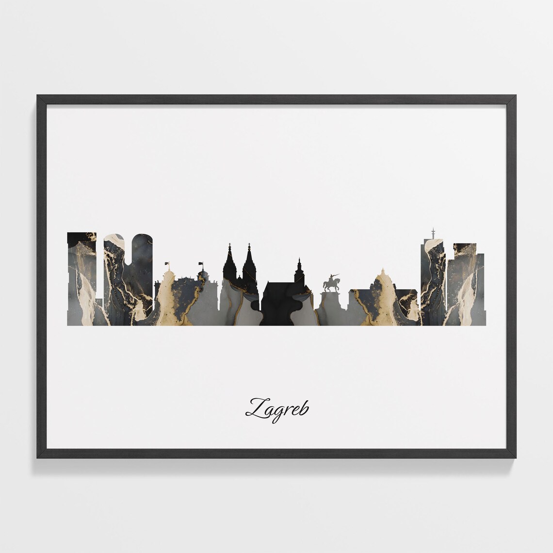 Zagreb Croatia Black and Gold Marble Skyline Silhouette Art Poster