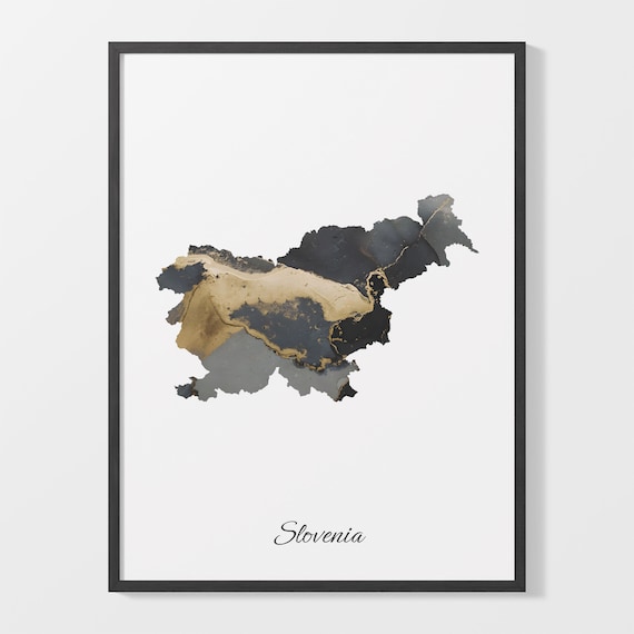 Slovenia Modern Black Gold Marble Country Map Office Wall Decor Art Poster