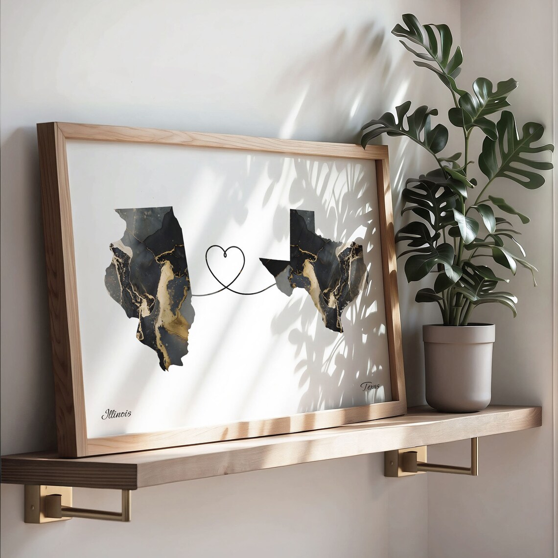 Illinois to Texas Black Gold Marble Map Heart Connection Poster - Image 3