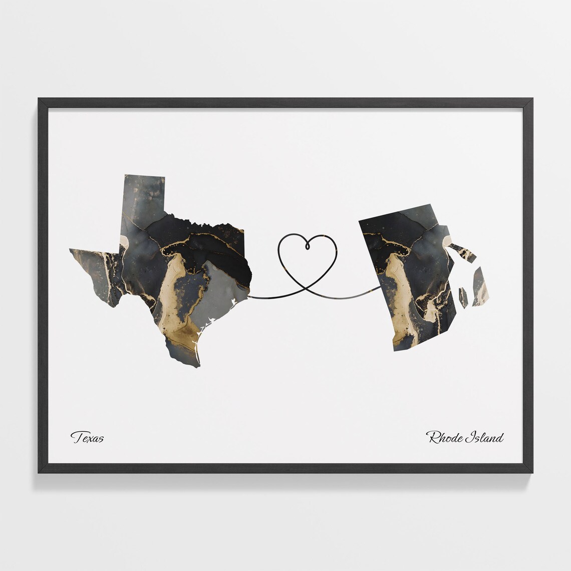 Texas Rhode Island Long Distance Love Black Marble Heart Map Poster