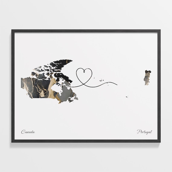 Canada To Portugal Black Gold Marble Long Distance Heart Map Poster