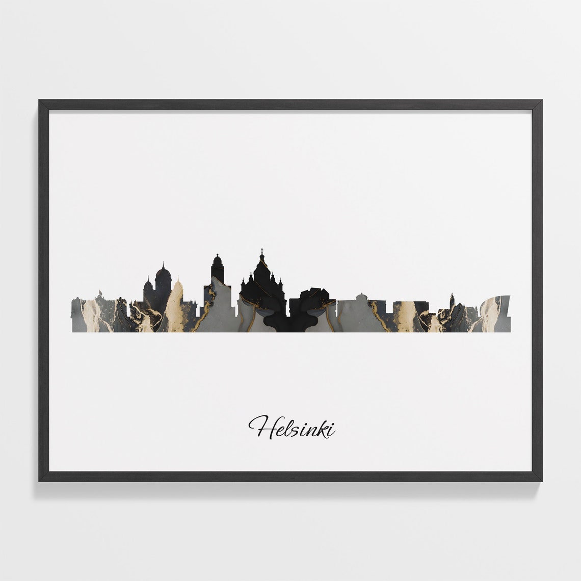 Helsinki Finland Black Gold Marble Skyline Silhouette City Print