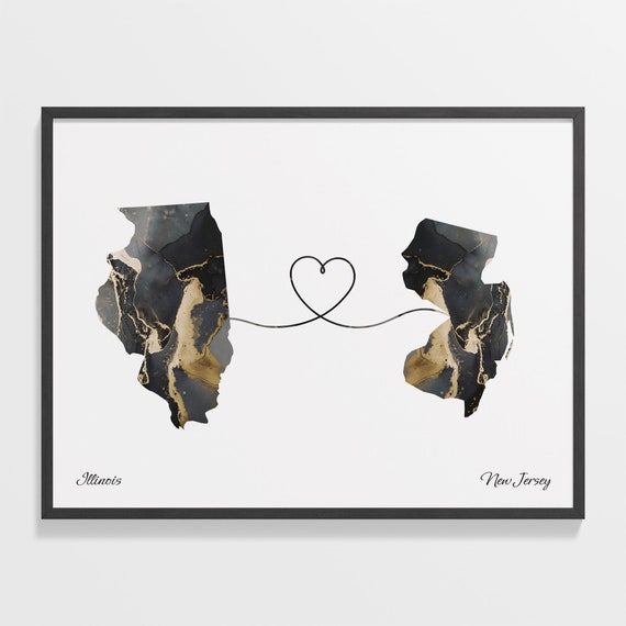 Illinois To New Jersey Print New Jerseyan Gift Marble Two Countries Map Poster Travel Art Faraway Love Gift C22 1486