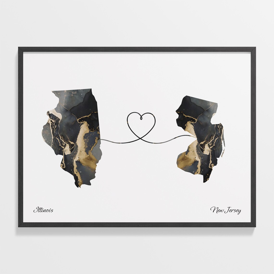 Illinois to New Jersey Long Distance Love Marble Map Art Poster