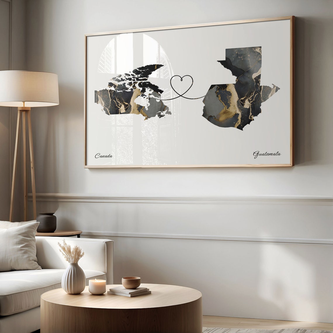Canada and Guatemala Black Marble Heart Connection Map Poster - Image 2