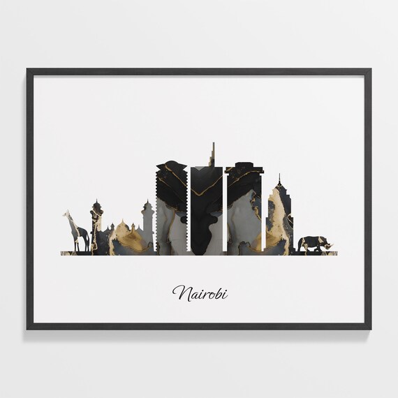 Nairobi Kenya Black Gold Marble Skyline Silhouette Cityscape Poster