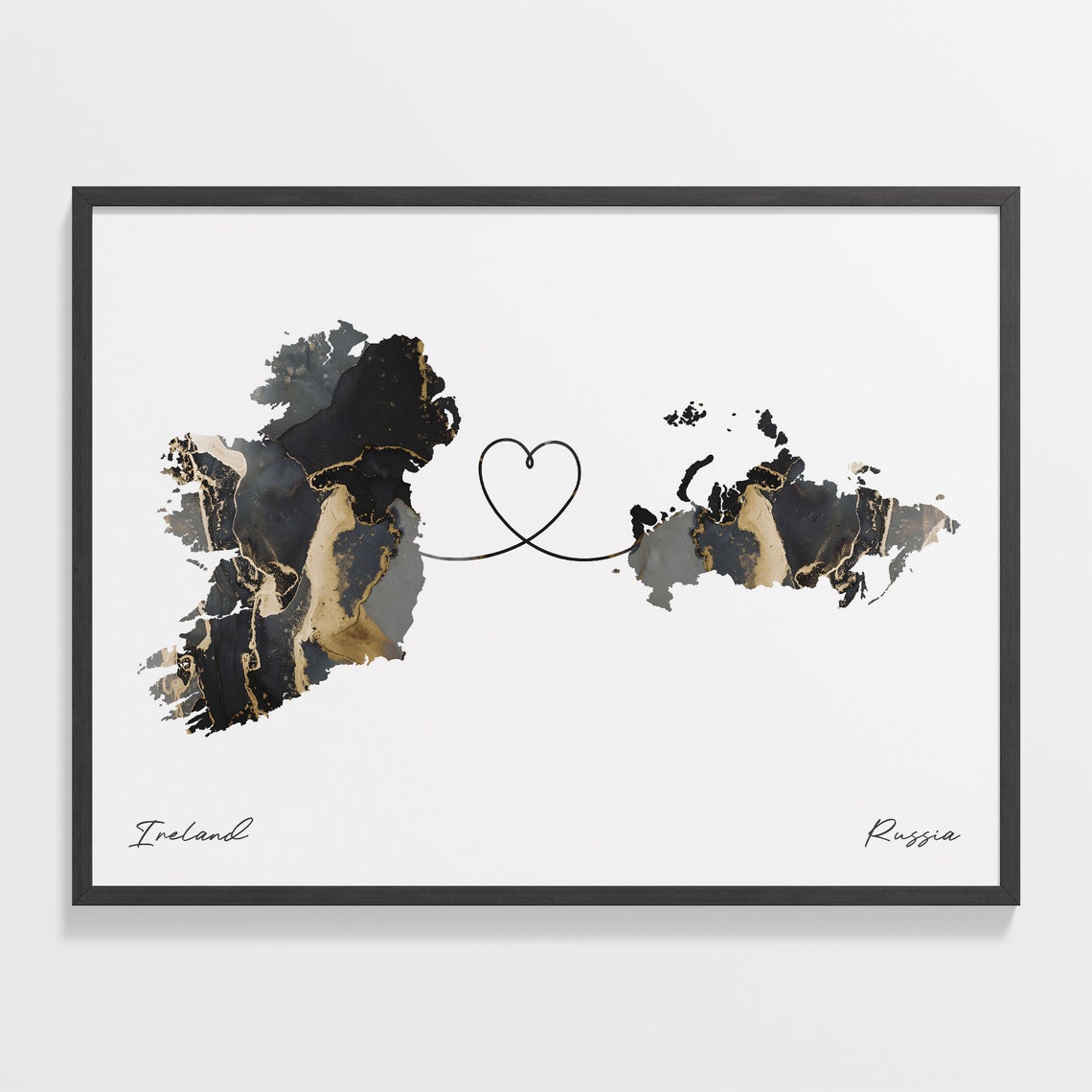 Ireland and Russia Black and Gold Marble Two Countries Map Poster