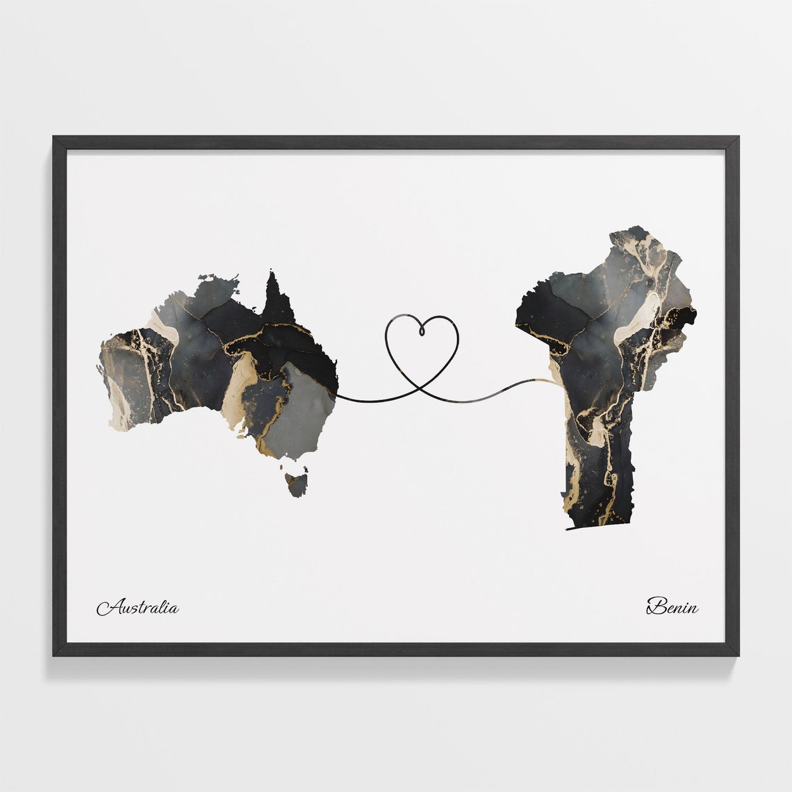 Australia to Benin Black Gold Marble Heart Connection Map Poster