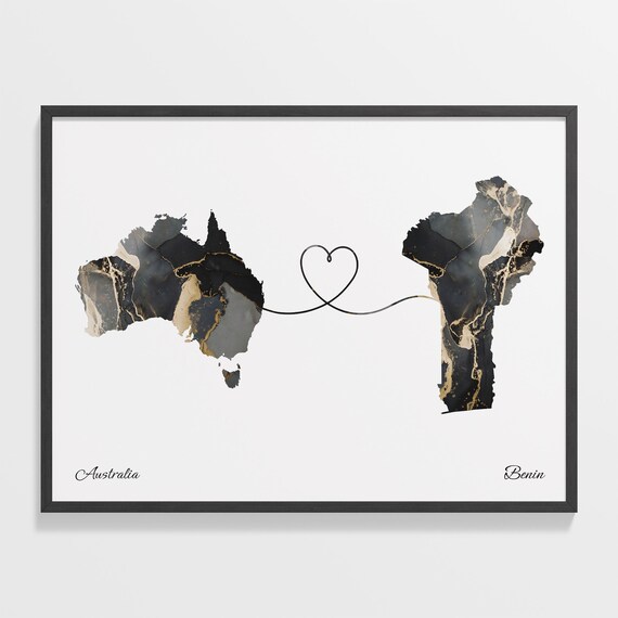 Australia to Benin Black Gold Marble Heart Connection Map Poster