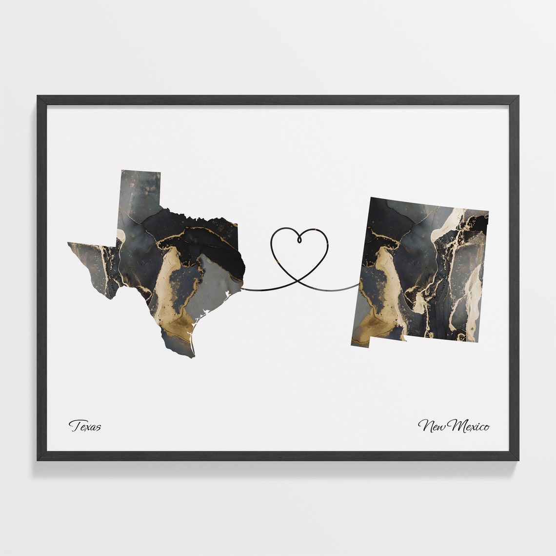 Texas To New Mexico Heart Linked Marble Map Love Connection Poster