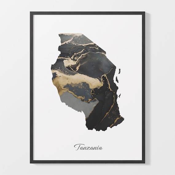 Tanzania Black and Gold Marble Country Map Silhouette Minimalist Poster