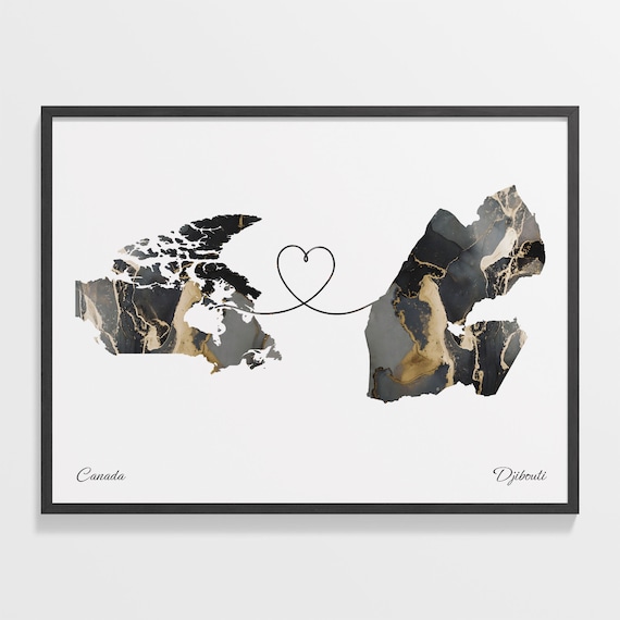 Canada to Djibouti Black Gold Marble Heart Connection Map Poster