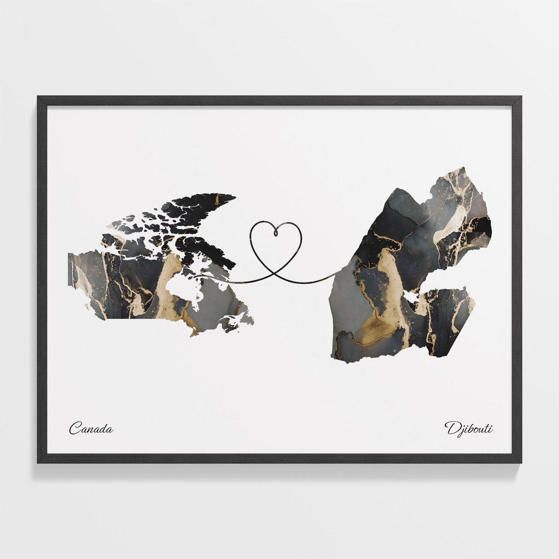 Canada to Djibouti Black Gold Marble Heart Connection Map Poster