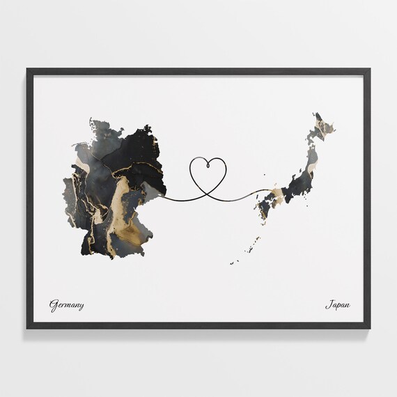Germany to Japan Marble Heart Map Poster Long Distance Love Gift