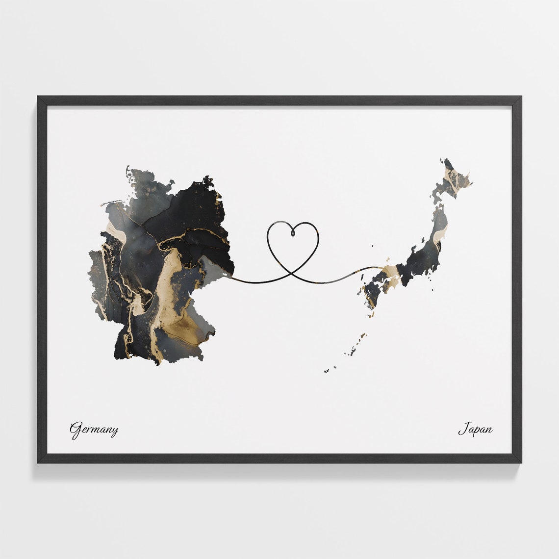Germany to Japan Marble Heart Map Poster Long Distance Love Gift