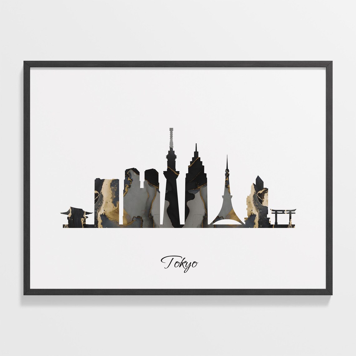 Tokyo Japan Black Gold Marble Skyline Tower Silhouette Art Poster