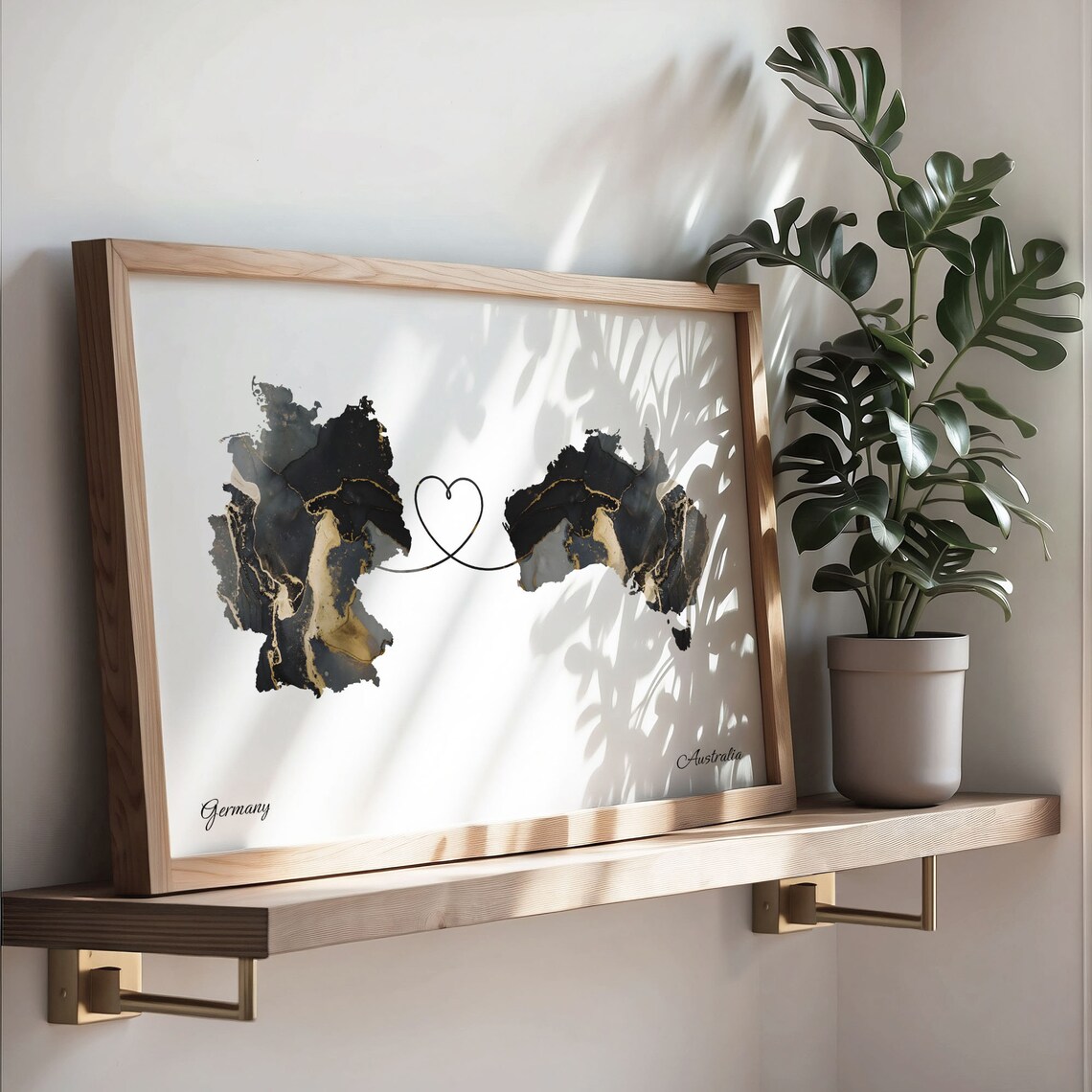 Germany and Australia Black and Gold Marble Heart Map Connection Poster - Image 3