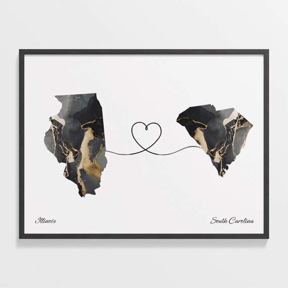 Illinois to South Carolina Long Distance Love Marble Map Art Poster