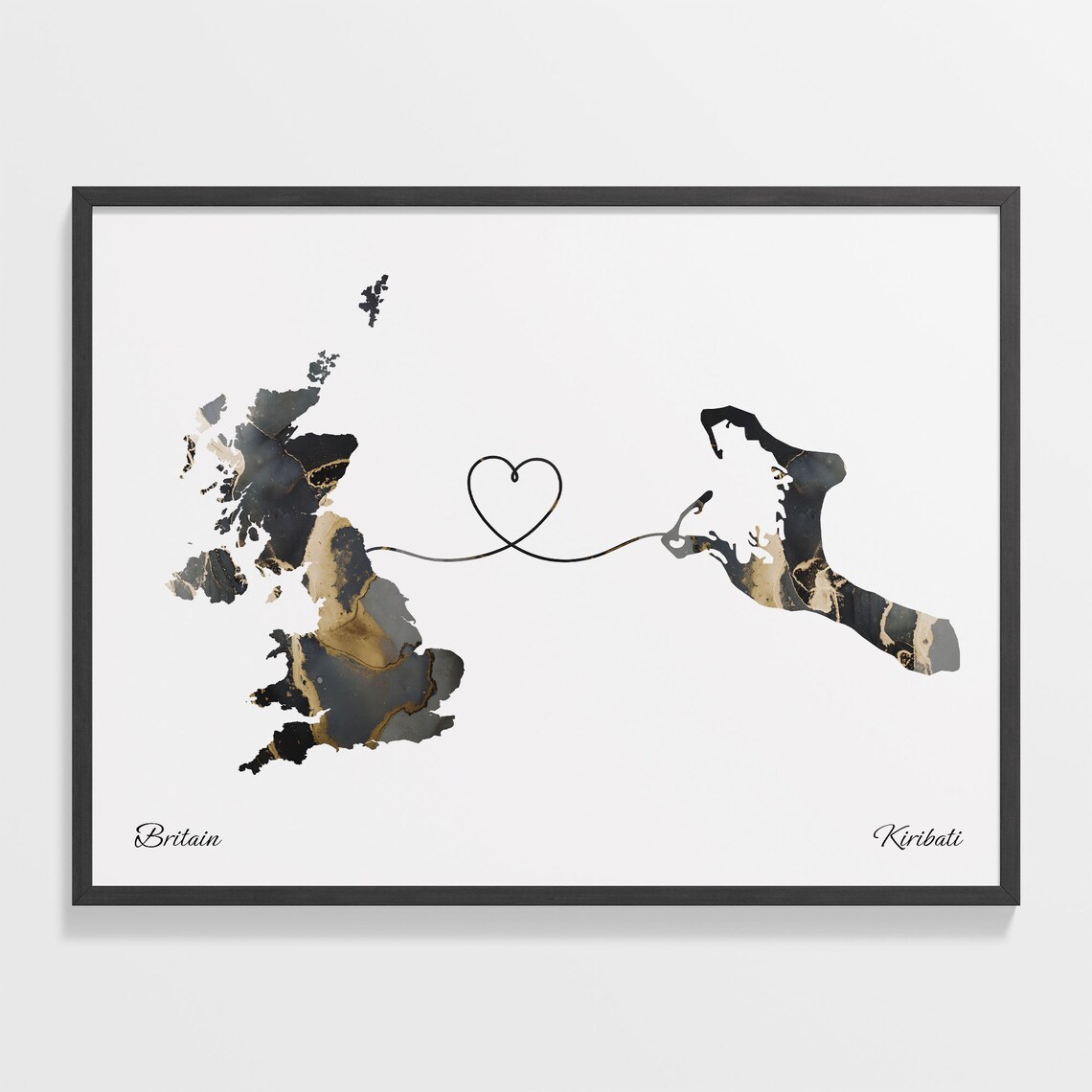 Britain to Kiribati Marble Heart Map Poster Gift for Long Distance Love