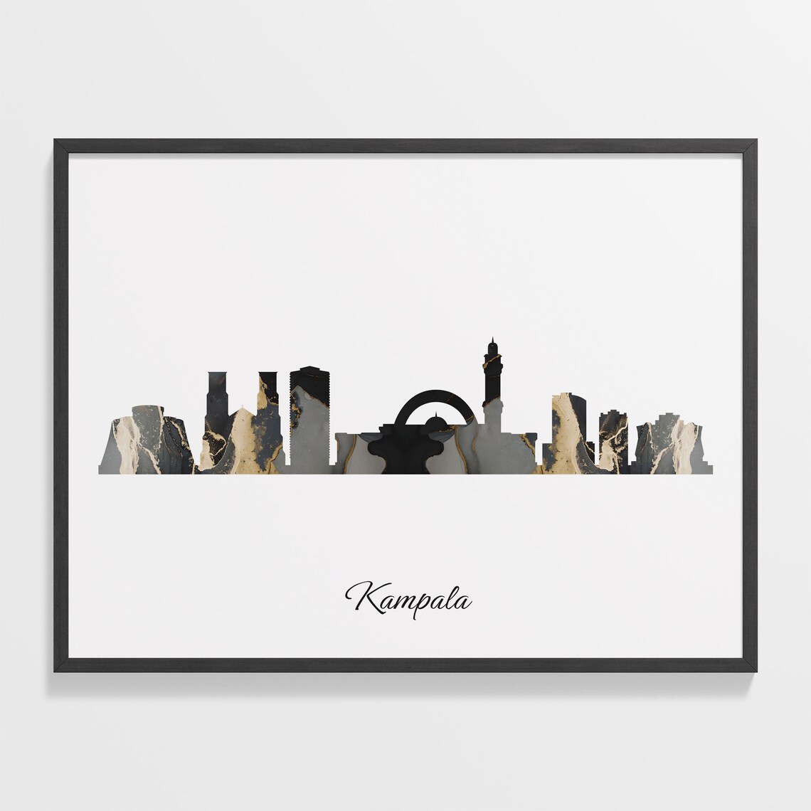 Kampala Skyline Minimalist Black Gold Marble Cityscape Art Poster