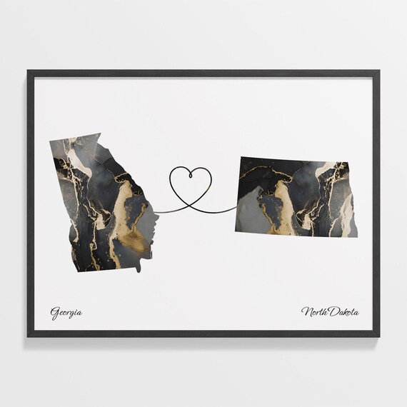 Georgia to North Dakota Black Marble State Map Long Distance Love Poster