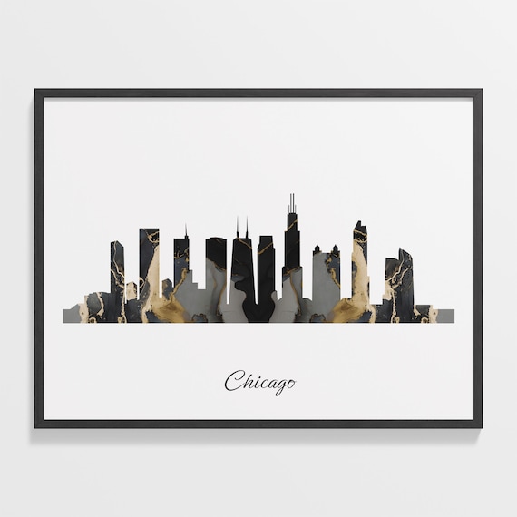 Chicago Illinois Black Gold Marble Skyline Silhouette Art Poster