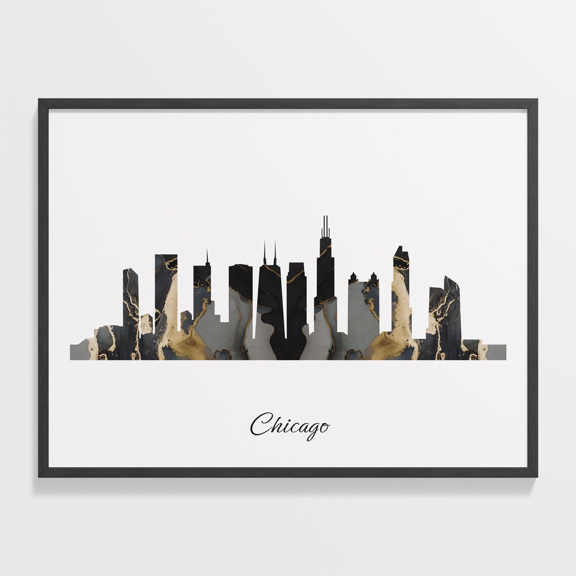Chicago Illinois Black Gold Marble Skyline Silhouette Art Poster