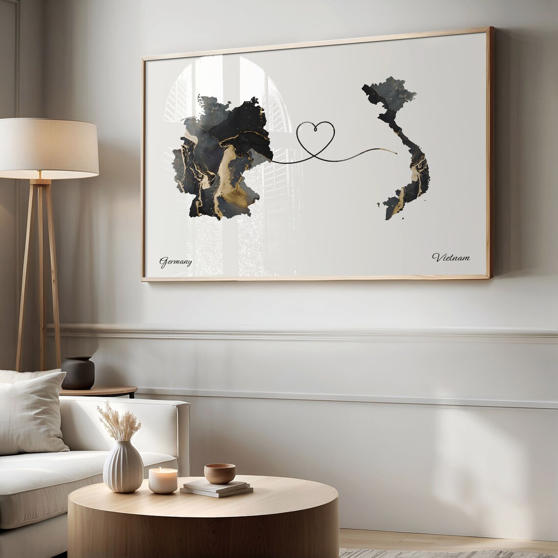 Germany To Vietnam Black Gold Marble Long Distance Heart Map Poster - Image 2