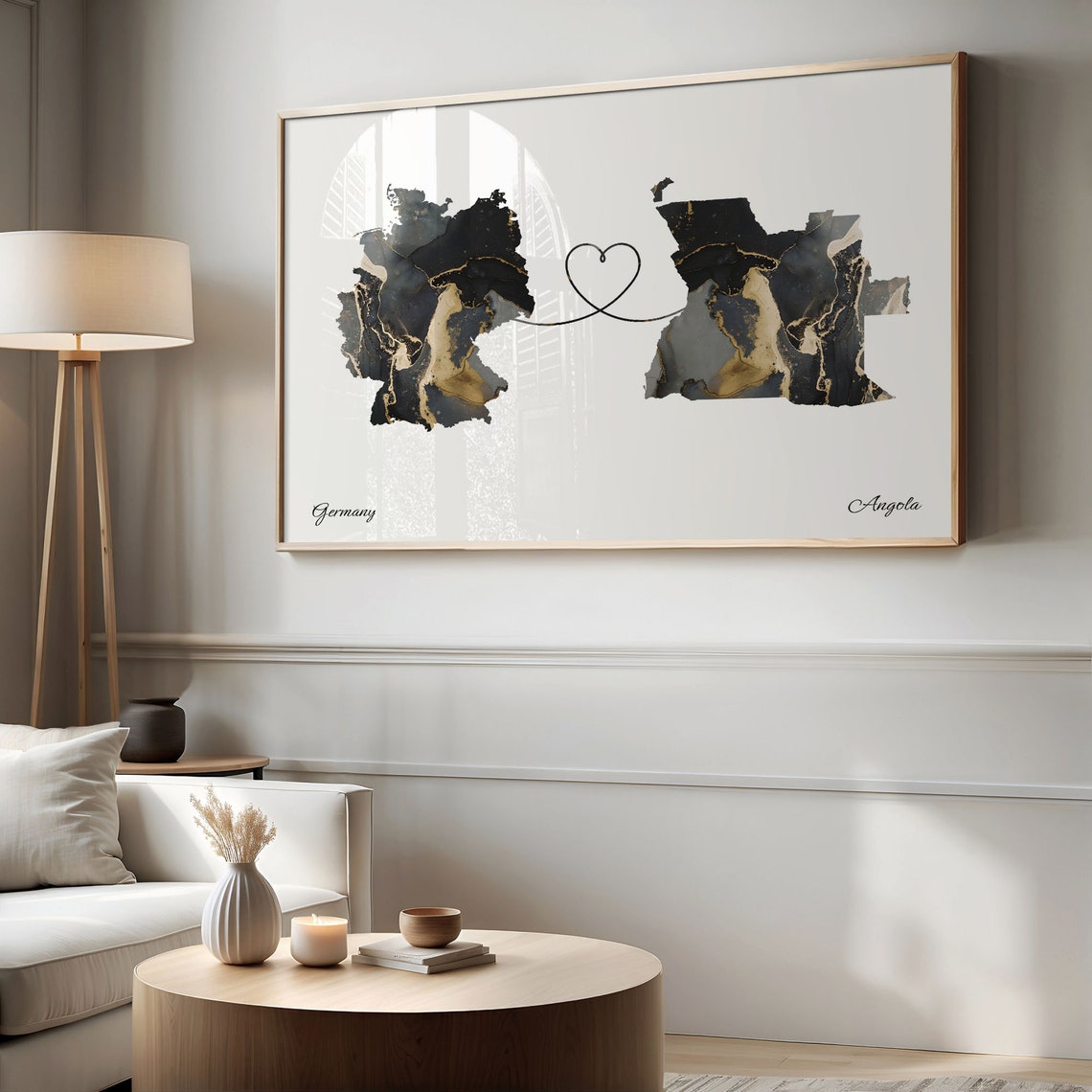 Germany and Angola Black and Gold Marble Heart Map Connection Poster - Image 2