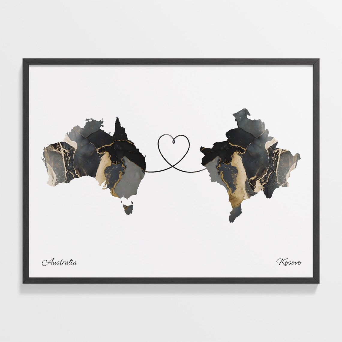Australia To Kosovo Map Poster, Travel Art Print