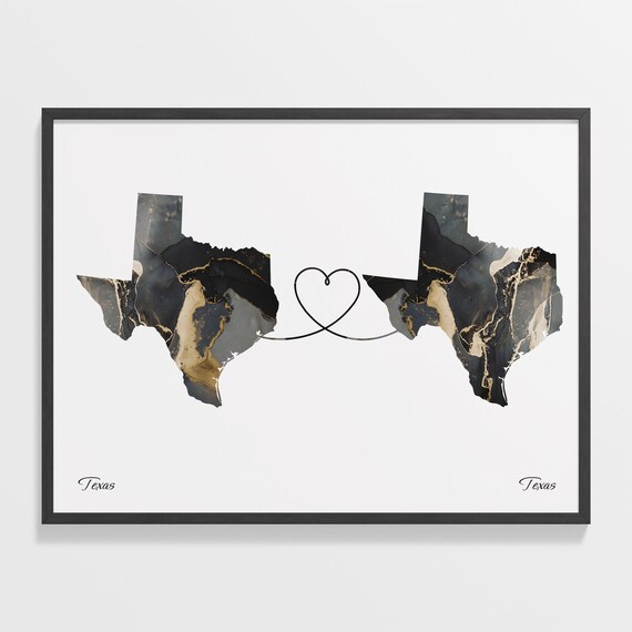 Texas and Texas Black Gold Marble Map Heart Connection Poster