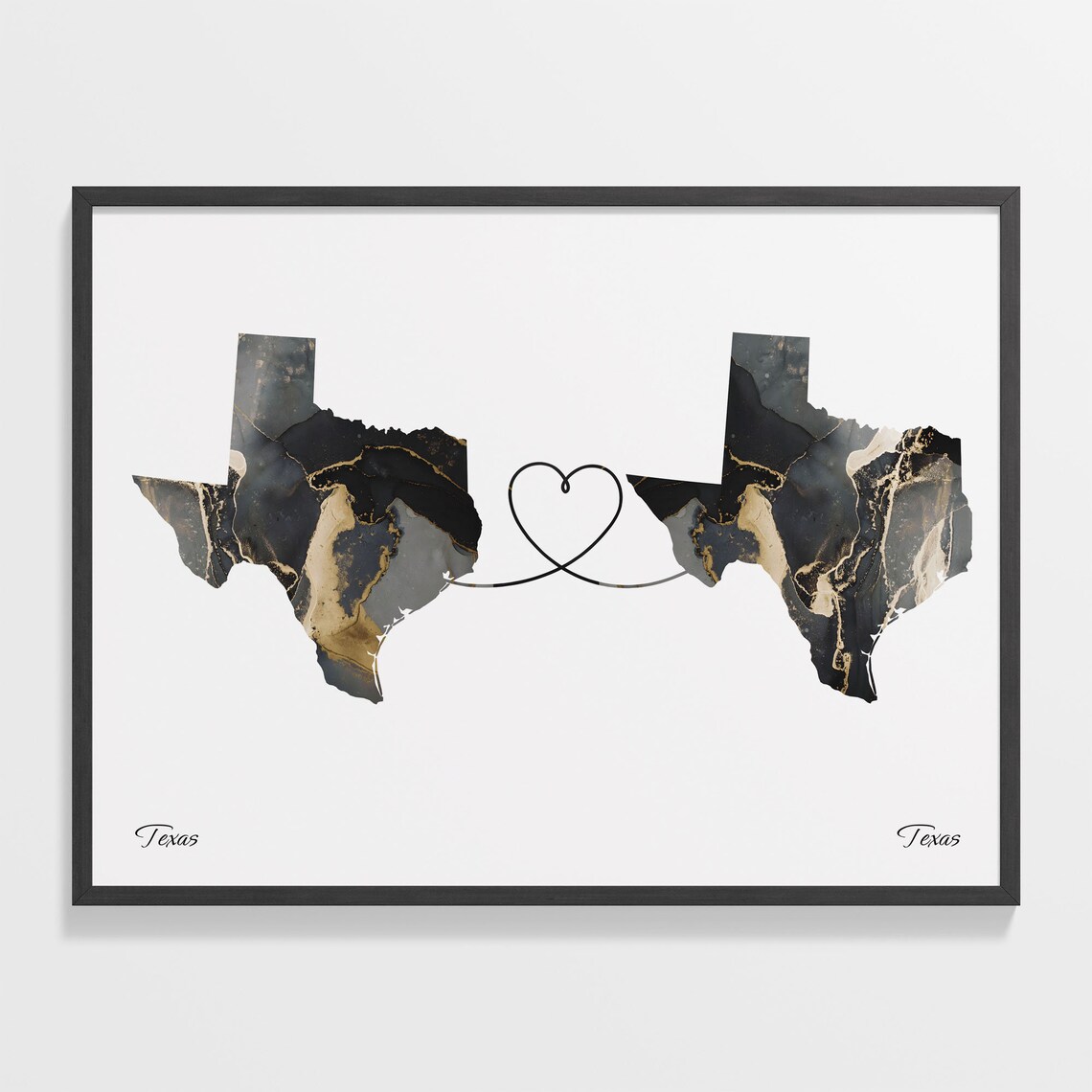 Texas and Texas Black Gold Marble Map Heart Connection Poster