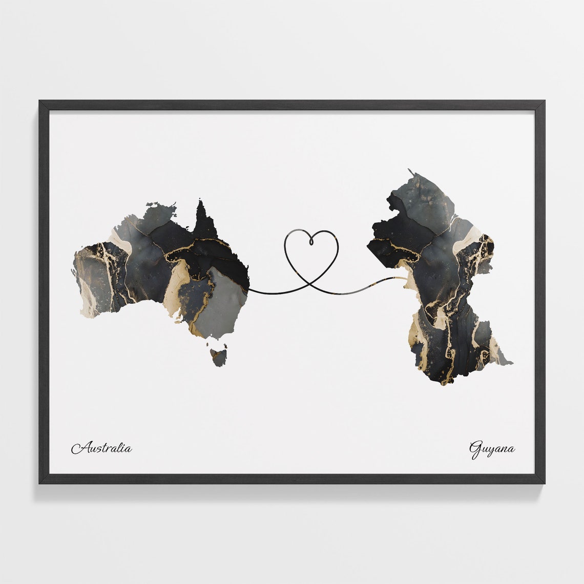 Australia To Guyana Black Gold Marble Long Distance Heart Map Poster