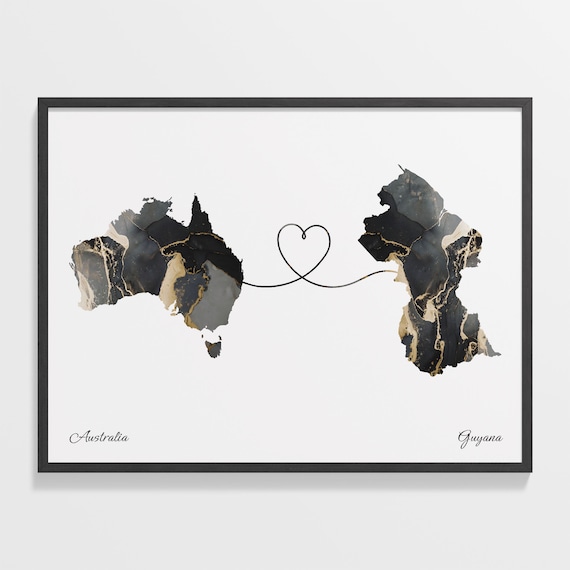 Australia To Guyana Black Gold Marble Long Distance Heart Map Poster
